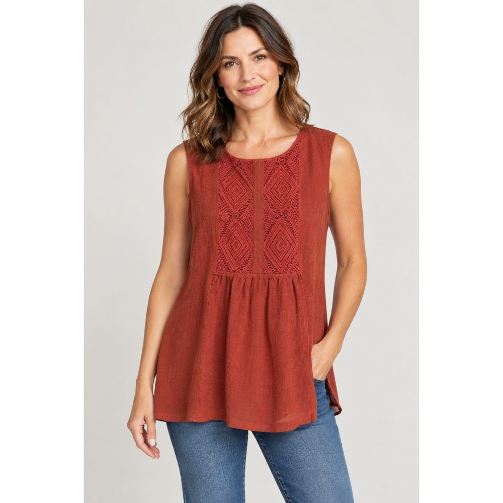 Coldwater Creek Womens Rust Red Crochet Lace Bib Blouse Top Medium 10-12 Fall